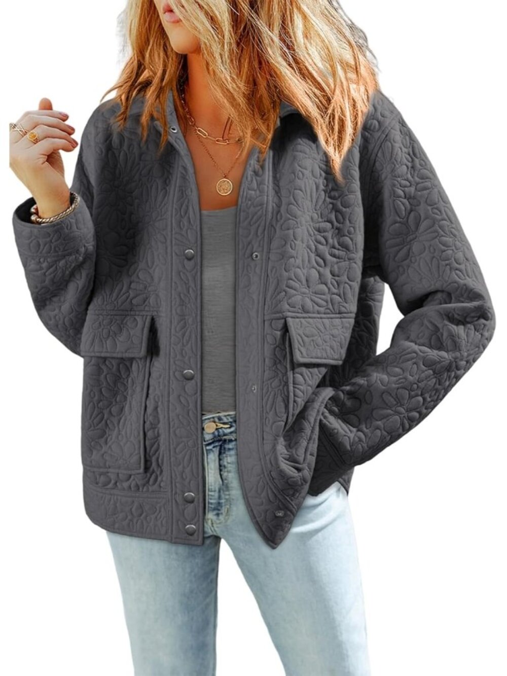〽️Women Grey Casual Warm Winter Long Sleeve Jacquard Turn Down Collared Shacket